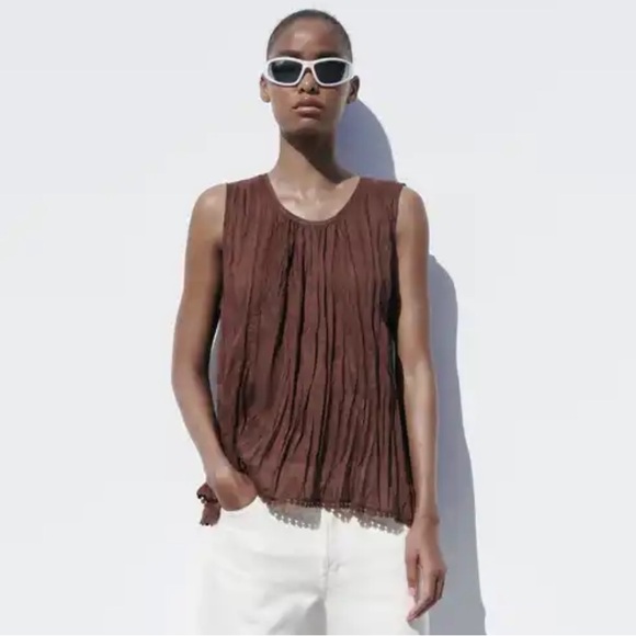 Zara Brown ramie passementerie boho Sleeveless buttoned back Blouse top - Picture 3 of 15